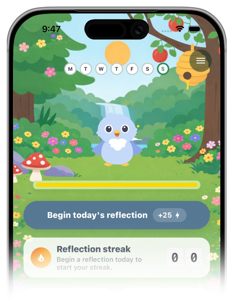 Eden app on iPhone: garden home screen with weekly progress and reflection.